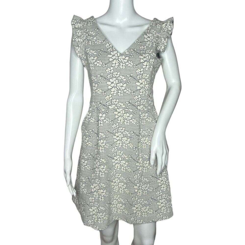 Tabitha Dress Womens 4 White Black Floral‎ Fit & Flare Ruffle Sleeves Neutral